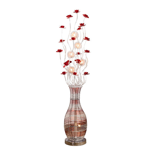 Red Led Tree Floor Lamp With Vase Pedestal - Elegant Aluminum Decorative Reading Light