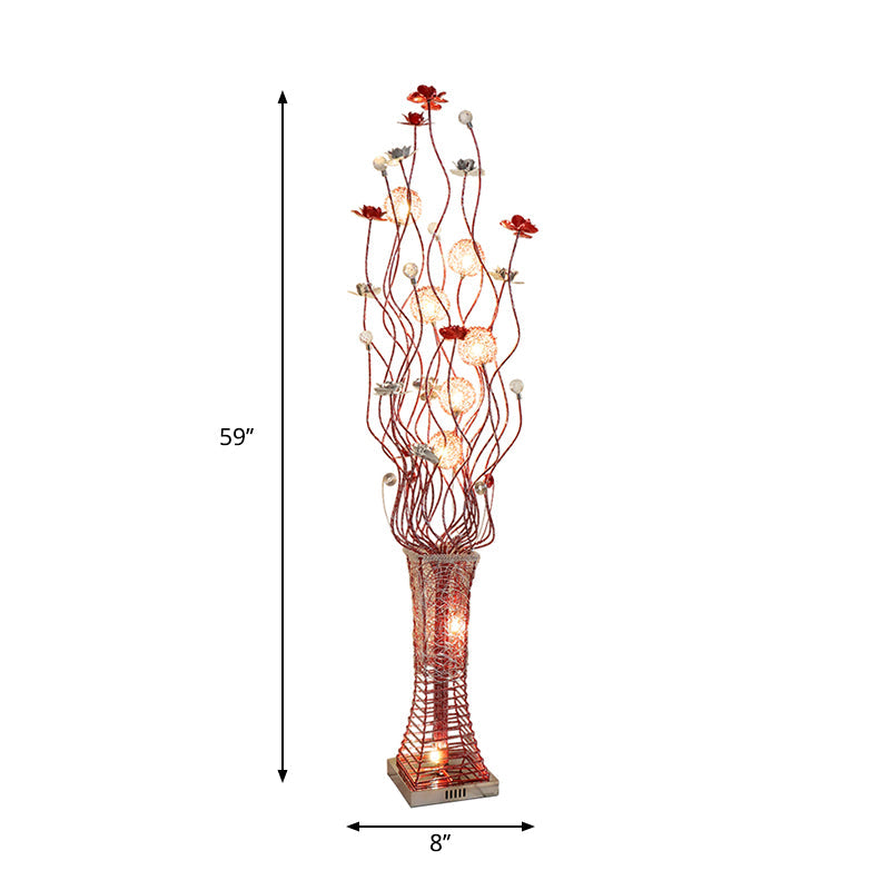 Metallic Red Floret Led Art Decor Floor Lamp With Tree Branch Design