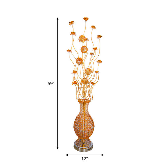Gold Aluminum Led Oval Twig Floor Lamp With Flower Art Decor
