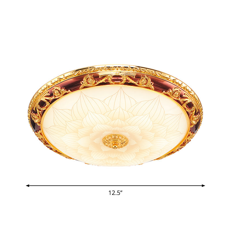 Vintage Gold Led Flush Ceiling Light With Blossom Frosted Glass Bowl - 12.5/15/19 Width