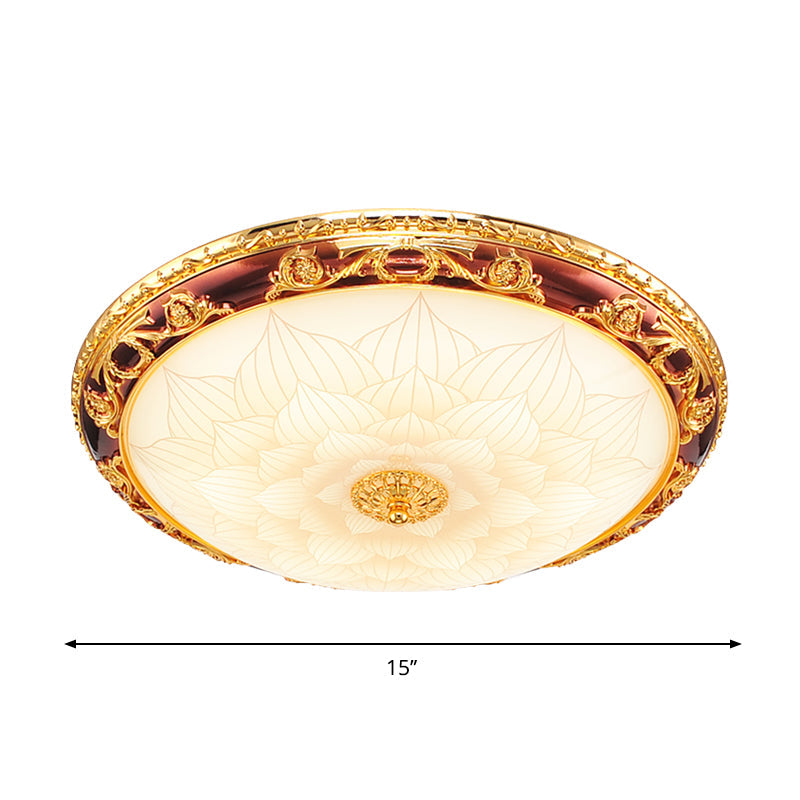 Vintage Gold Led Flush Ceiling Light With Blossom Frosted Glass Bowl - 12.5’/15’/19’ Width