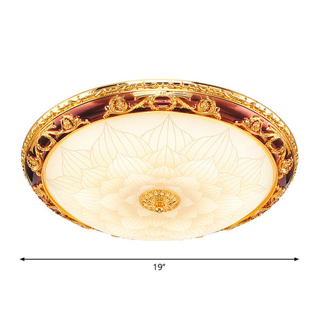 Vintage Gold Led Flush Ceiling Light With Blossom Frosted Glass Bowl - 12.5/15/19 Width
