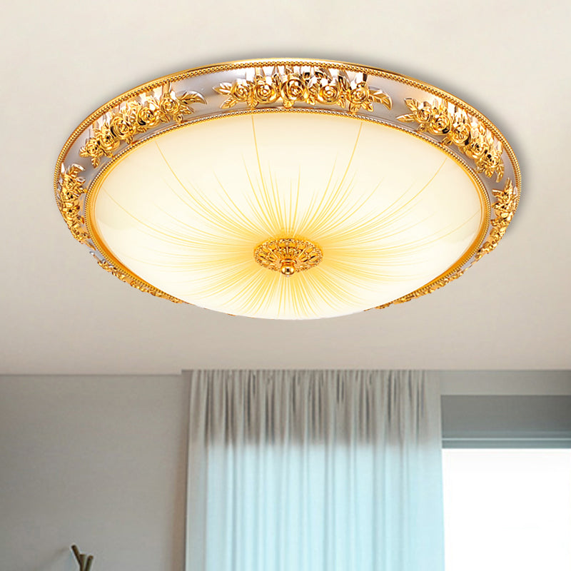 Antique Opal Glass Flush Mount Ceiling Light With Embossed Rose Trim