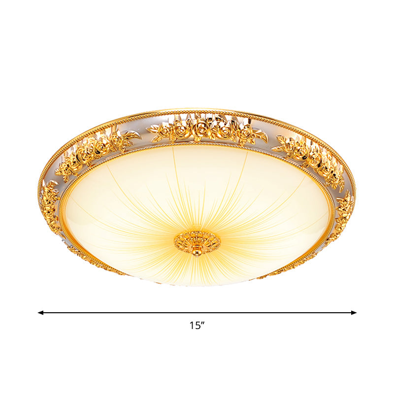 Antique Opal Glass Flush Mount Ceiling Light With Embossed Rose Trim