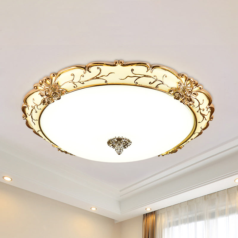 Vintage Brass Scroll Floral Trim Opal Glass Flushmount Led Ceiling Light For Bedroom -