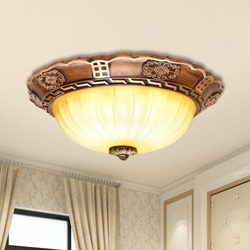 Antiqued Brown Scalloped-Edge Led Flush Mount Ceiling Light 14/16/19.5 Milky Glass Bowl Ideal For