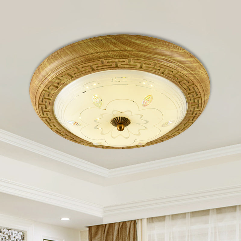 Simple Wooden Led Flushmount Ceiling Light With Dome Glass Shade - Yellow - Brown Circle