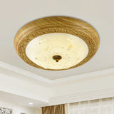 Simple Wooden Led Flushmount Ceiling Light With Dome Glass Shade - Yellow-Brown Circle 14/19.5 W /