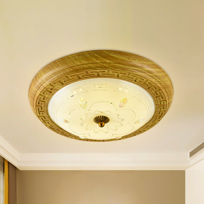 Simple Wooden Led Flushmount Ceiling Light With Dome Glass Shade - Yellow-Brown Circle 14/19.5 W