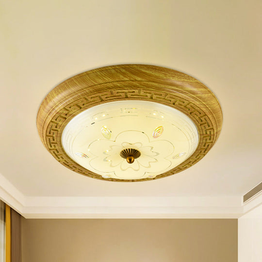 Simple Wooden Led Flushmount Ceiling Light With Dome Glass Shade - Yellow-Brown Circle 14/19.5 W