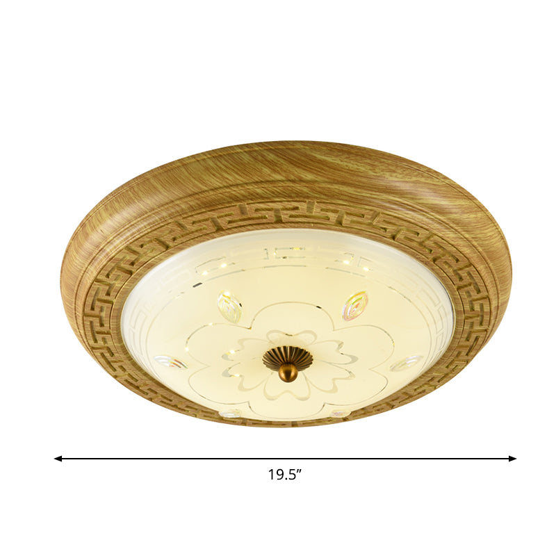 Simple Wooden Led Flushmount Ceiling Light With Dome Glass Shade - Yellow-Brown Circle 14/19.5 W