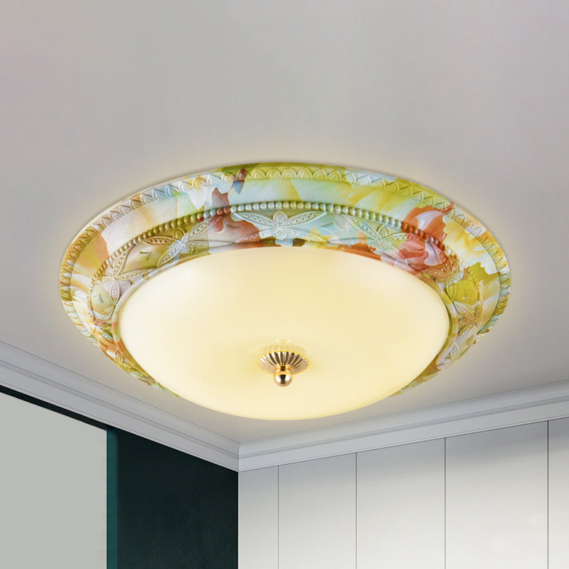 Rustic Opal Glass Tiered Ceiling Lamp - Led Flush Mount Light Fixture In White - Green For Living