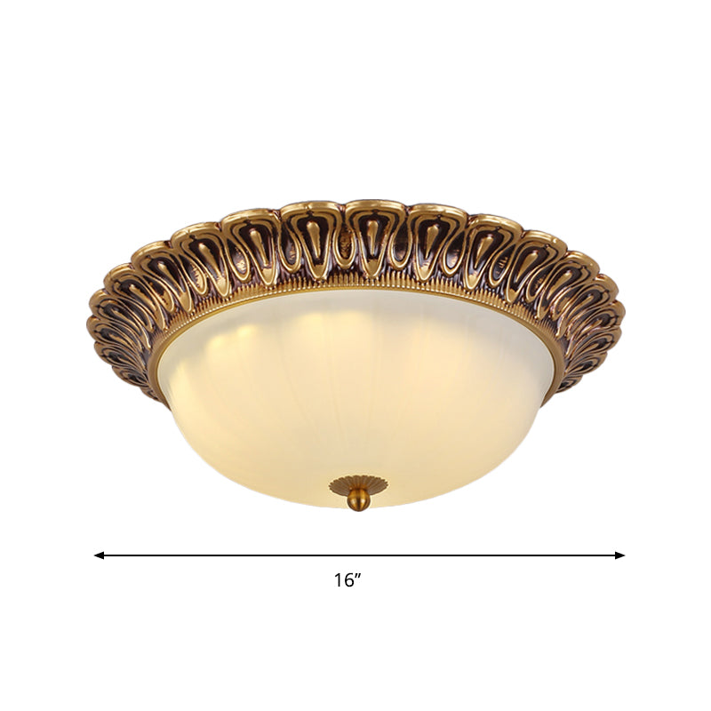 Vintage Milk Glass Ceiling Light - Hemispherical Design Brass Finish 3-Light Flush Mount For Bedroom