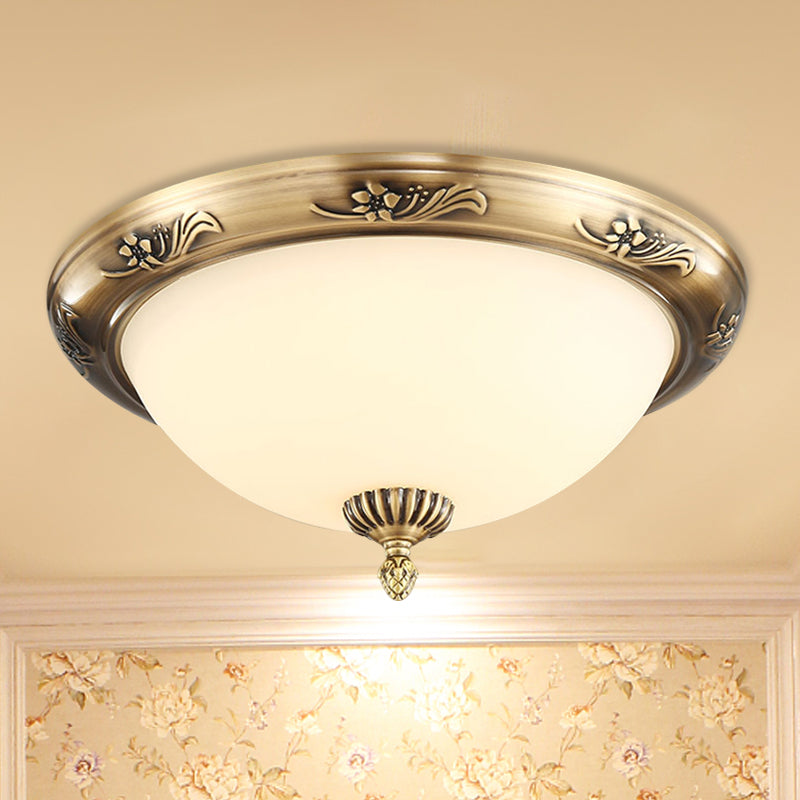 Hemisphere Flush Ceiling Light Brass Finish 2-Bulb Milky Glass Office Lighting 13/15/19.5 Dia / 13