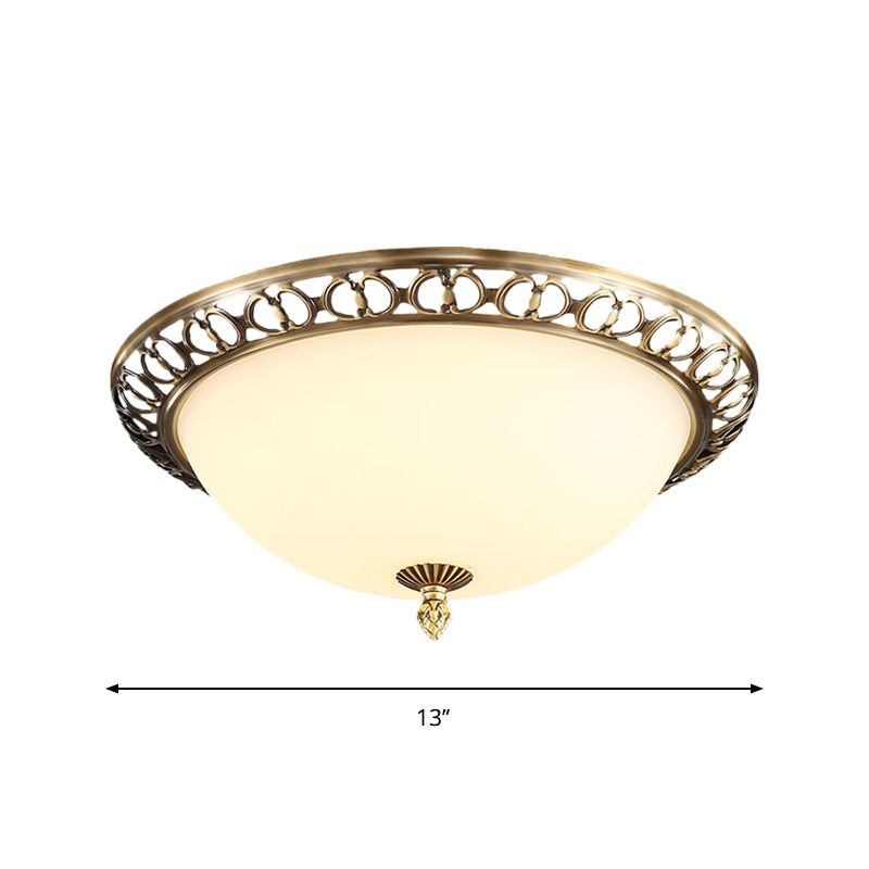 Antique Style Brass Finish 2-Head Ceiling Mount Light With Frosted Glass Dome - 13/15/19.5 Wide