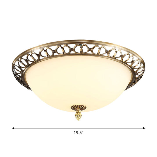 Antique Style Brass Finish 2-Head Ceiling Mount Light With Frosted Glass Dome - 13/15/19.5 Wide