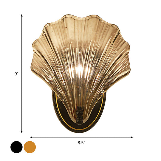 Scalloped Shell Wall Lamp In Country Style - Black/Gold Ribbed Glass Sconce Lighting
