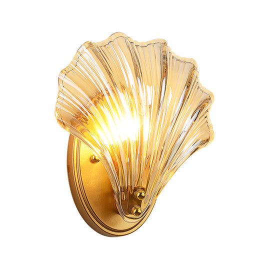 Scalloped Shell Wall Lamp In Country Style - Black/Gold Ribbed Glass Sconce Lighting
