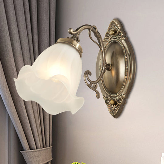 Frosted White Glass Ruffle Sconce Light - Traditional Corner Wall Mount In Bronze/Copper 1 / Bronze