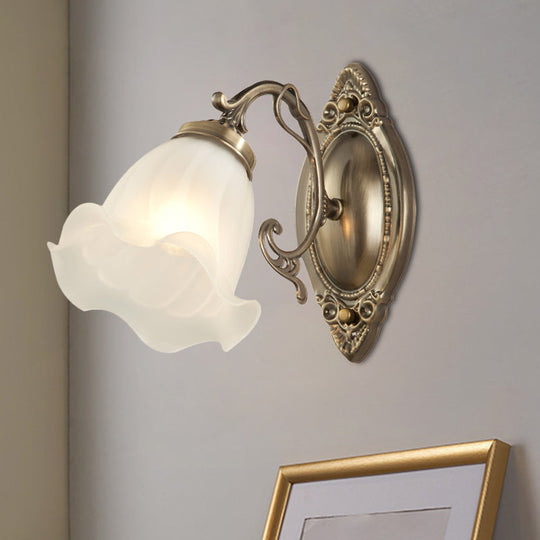 Frosted White Glass Ruffle Sconce Light - Traditional Corner Wall Mount In Bronze/Copper
