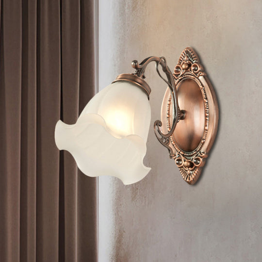 Frosted White Glass Ruffle Sconce Light - Traditional Corner Wall Mount In Bronze/Copper