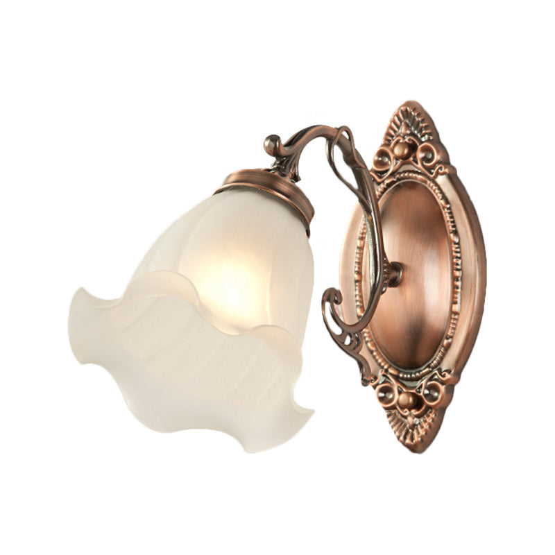 Frosted White Glass Ruffle Sconce Light - Traditional Corner Wall Mount In Bronze/Copper