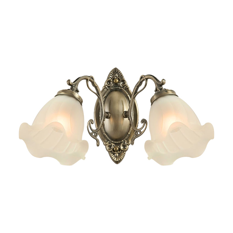 Frosted White Glass Ruffle Sconce Light - Traditional Corner Wall Mount In Bronze/Copper