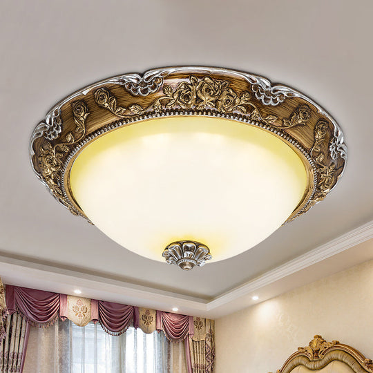 Dome Tan Glass Shade Flush Ceiling Light Fixture Led Bedroom Lamp In Brown - Traditional Style