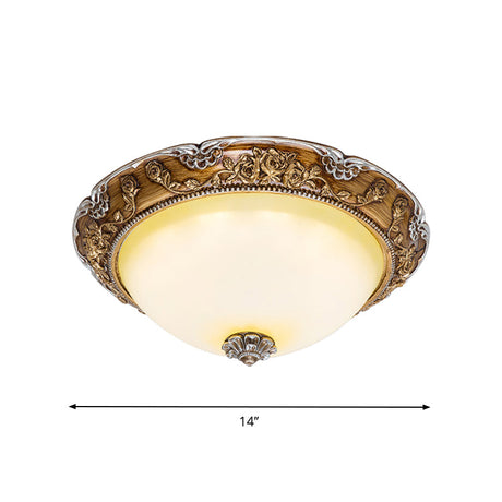 Dome Tan Glass Shade Flush Ceiling Light Fixture Led Bedroom Lamp In Brown - Traditional Style
