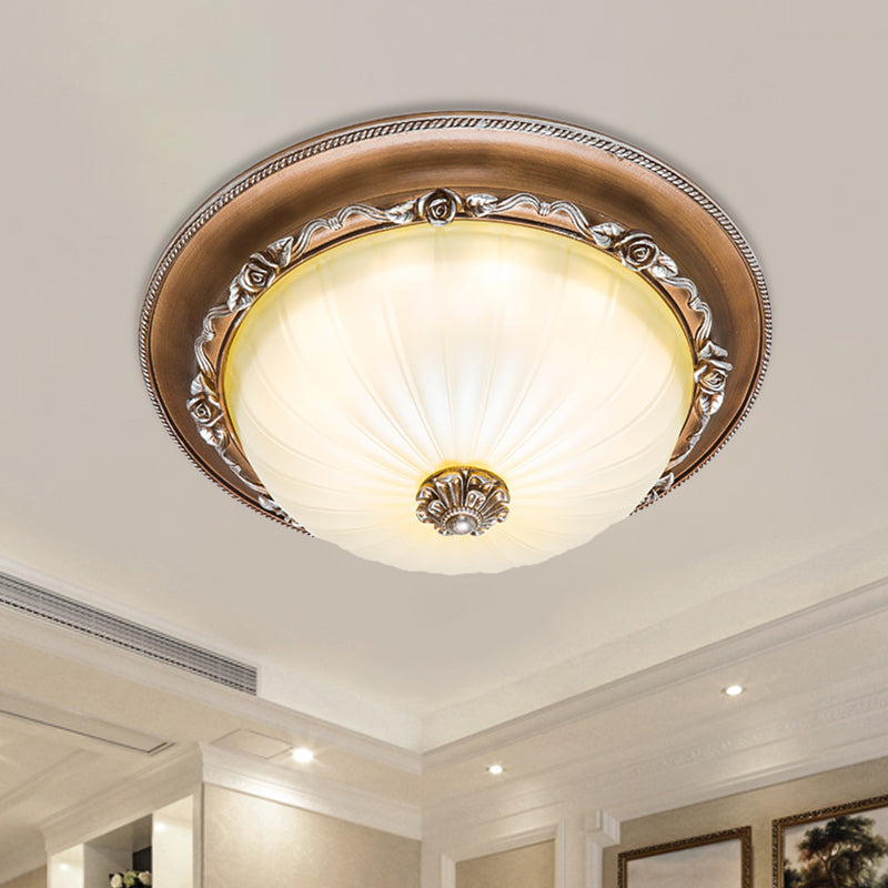 Ribbed Glass Brown Flush Ceiling Light With Domed Shade - Led Farmhouse Flushmount Lamp (14/16/19.5