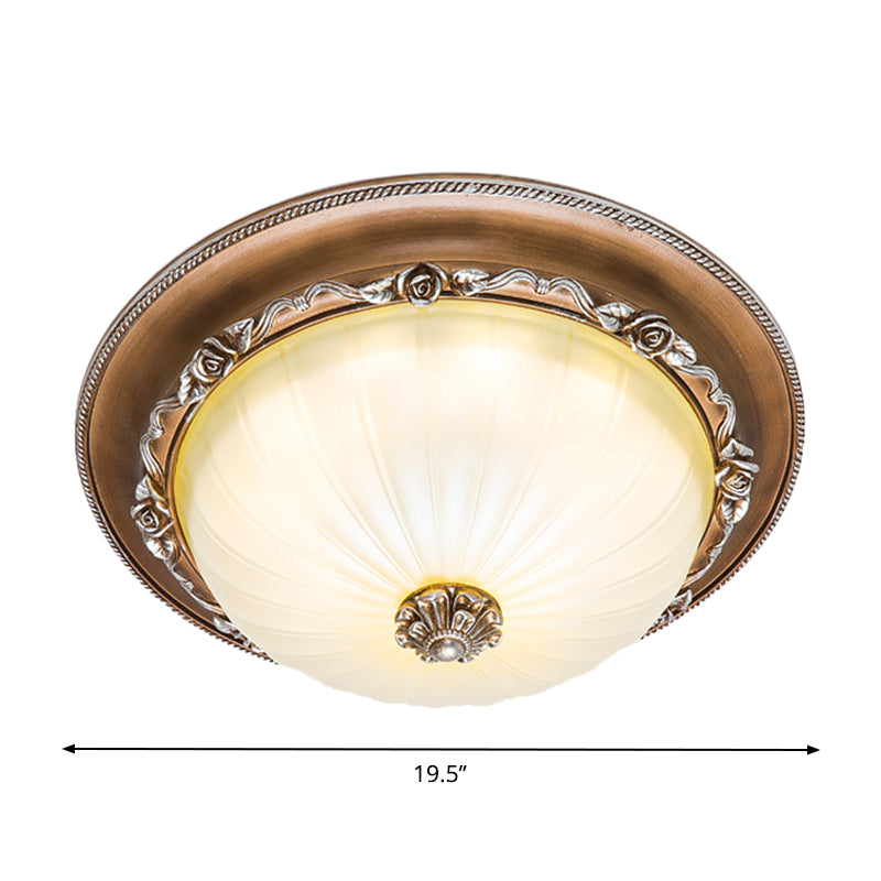 Ribbed Glass Brown Flush Ceiling Light With Domed Shade - Led Farmhouse Flushmount Lamp