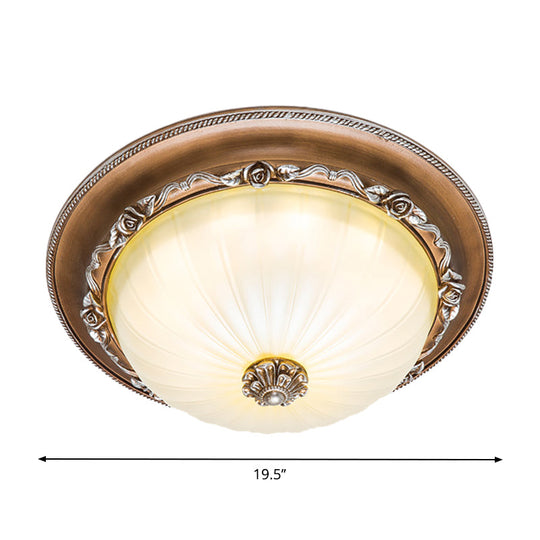 Ribbed Glass Brown Flush Ceiling Light With Domed Shade - Led Farmhouse Flushmount Lamp