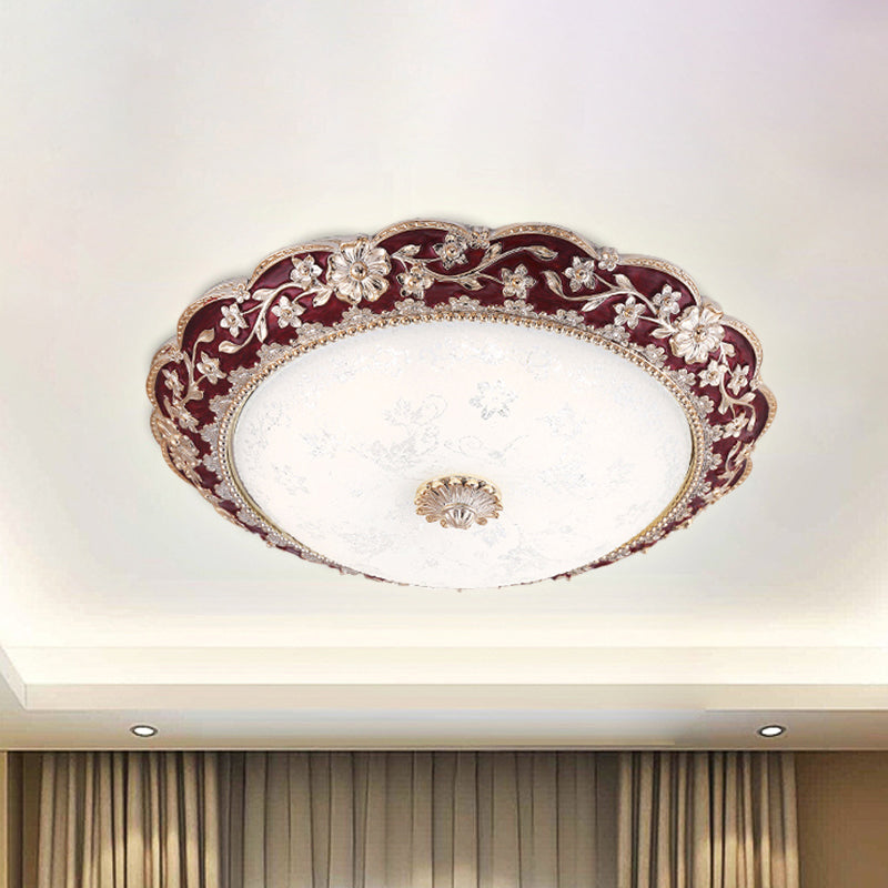 Country Style Veined Glass Flush Mount Ceiling Lamp In Dark Red Led - Sizes: 12’/16’/19.5