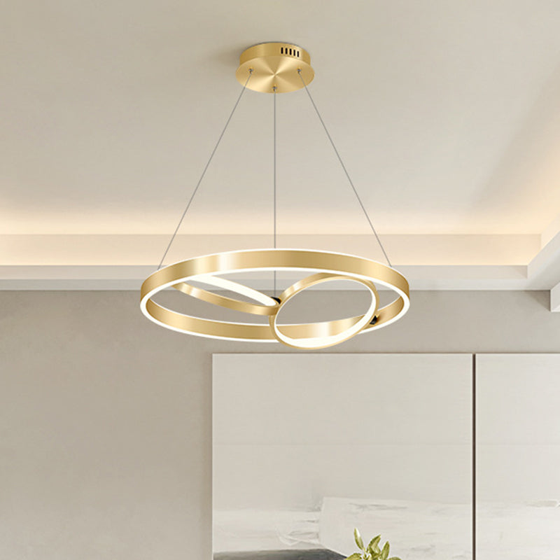 Golden Metallic Led Chandelier Light For Dining Room - Simplicity 3-Ring Ceiling Hang Fixture