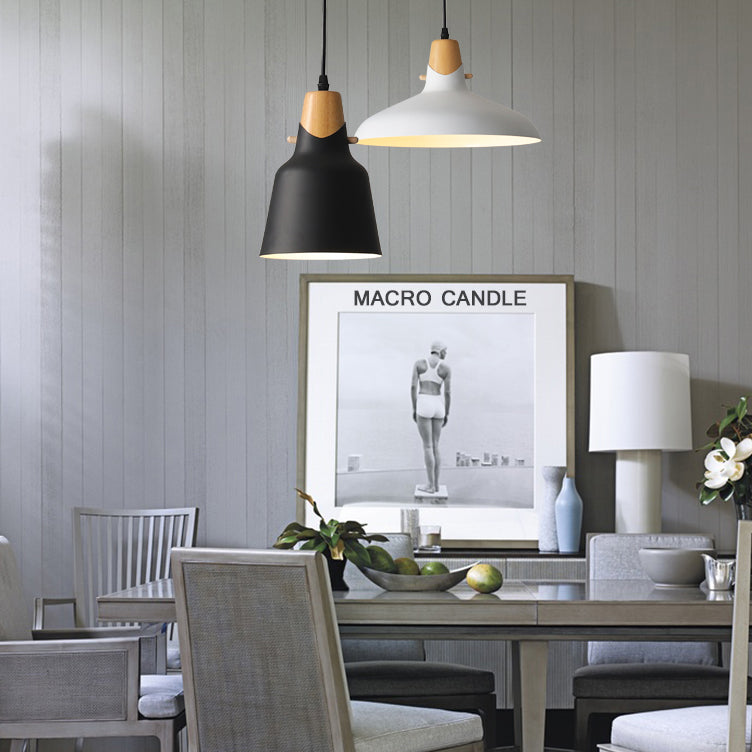 Contemporary Wood Finish Hanging Light Fixture With Metal Shade - Ideal For Dining Table