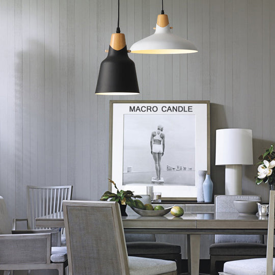 Contemporary Wood Finish Hanging Light Fixture With Metal Shade - Ideal For Dining Table