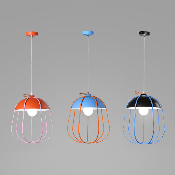 Nordic Metal Single Pendant Light In Black/Blue/Orange - Wire Guard Ceiling Hanging Lamp