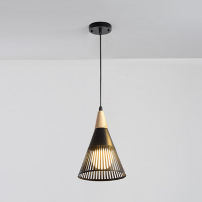 Wood Finish Pendant Light With Hollow Metal Cone Shade - Modern Hanging Lamp For Restaurants Black /