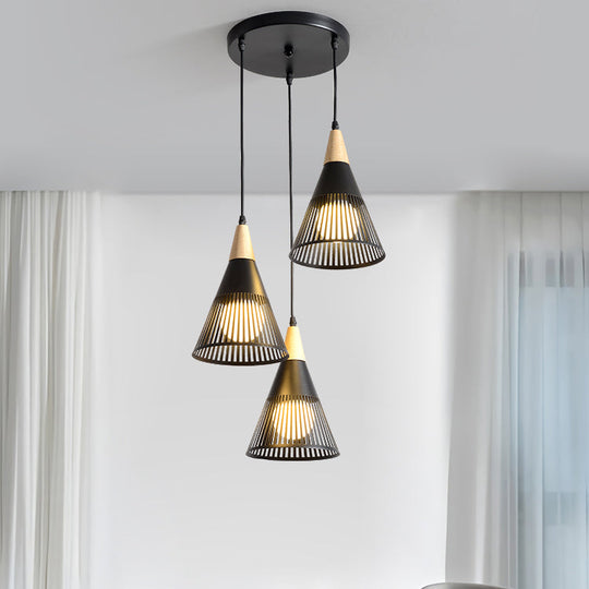 Wood Finish Pendant Light With Hollow Metal Cone Shade - Modern Hanging Lamp For Restaurants
