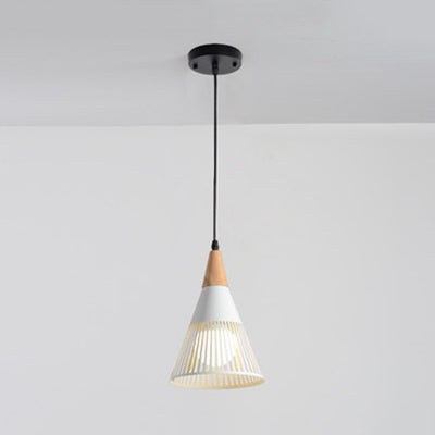 Wood Finish Pendant Light With Hollow Metal Cone Shade - Modern Hanging Lamp For Restaurants White /