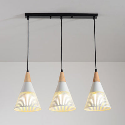 Wood Finish Pendant Light With Hollow Metal Cone Shade - Modern Hanging Lamp For Restaurants White /