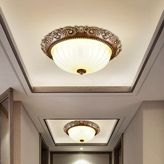 Ribbed Glass Ceiling Flush Foyer Led Mount Light In Brown - Traditional Bowl Design