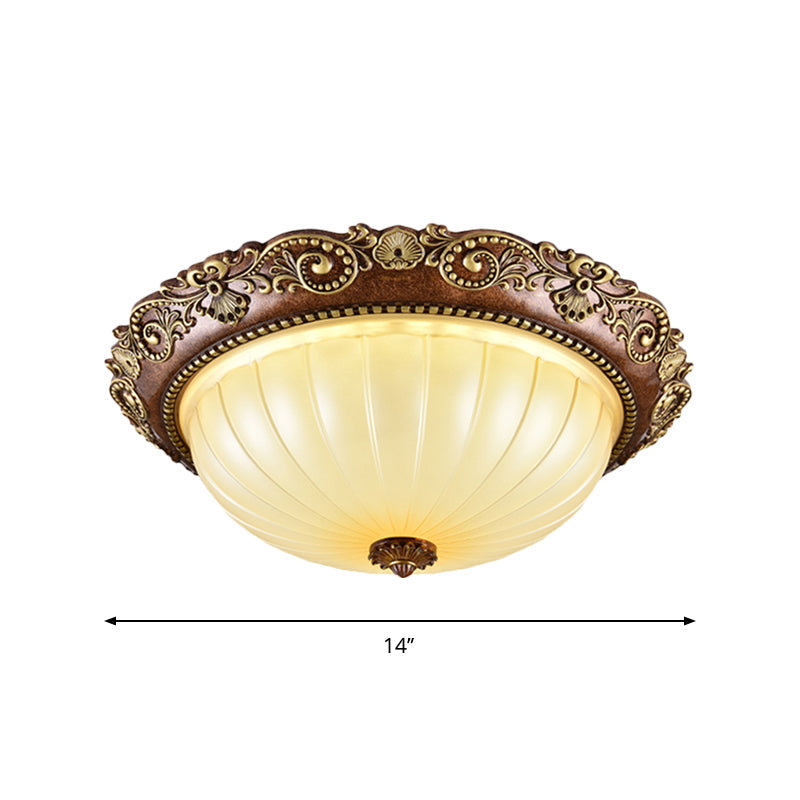 Ribbed Glass Ceiling Flush Foyer Led Mount Light In Brown - Traditional Bowl Design 14/16/19.5 Wide