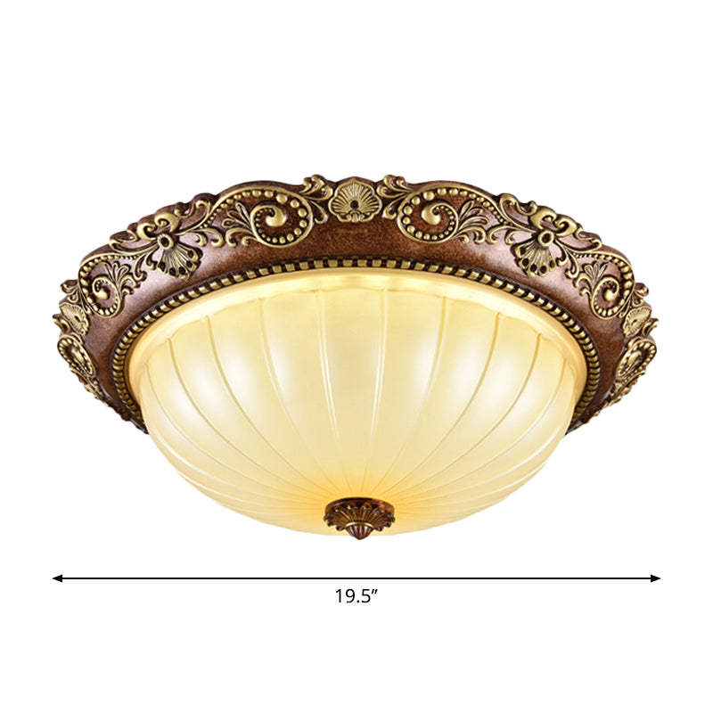 Ribbed Glass Ceiling Flush Foyer Led Mount Light In Brown - Traditional Bowl Design