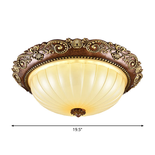 Ribbed Glass Ceiling Flush Foyer Led Mount Light In Brown - Traditional Bowl Design 14/16/19.5 Wide