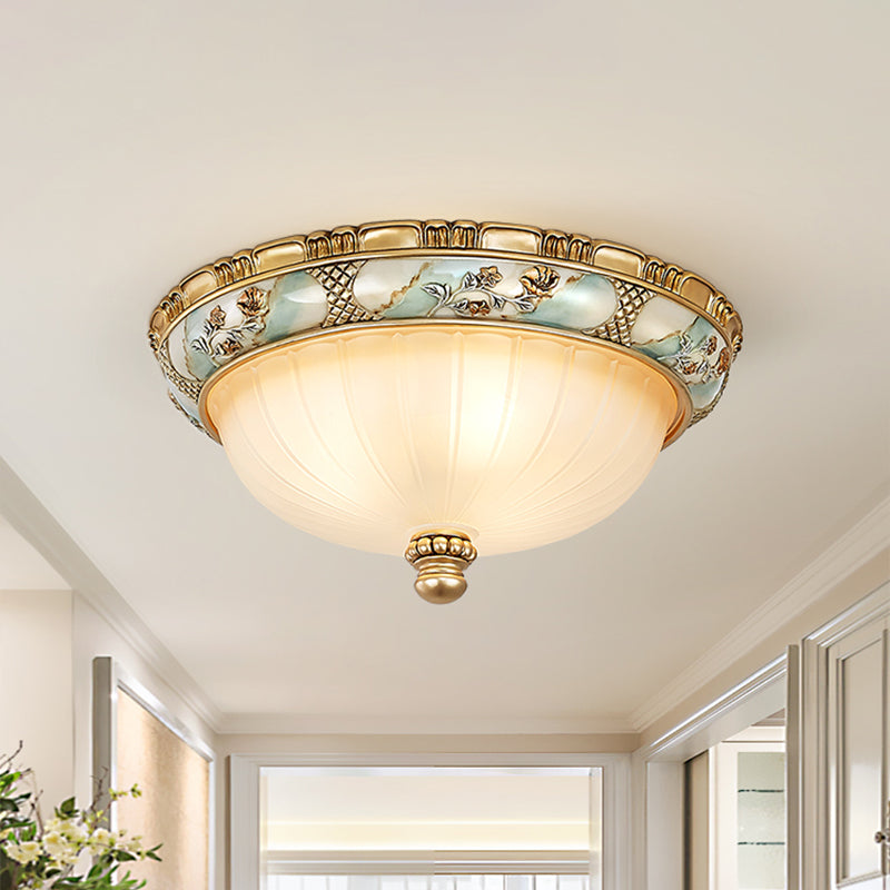 Amber Glass Flush Mount Ceiling Lamp - Traditional Dome Shade 3 Heads 15’/19’ Width Gold Finish