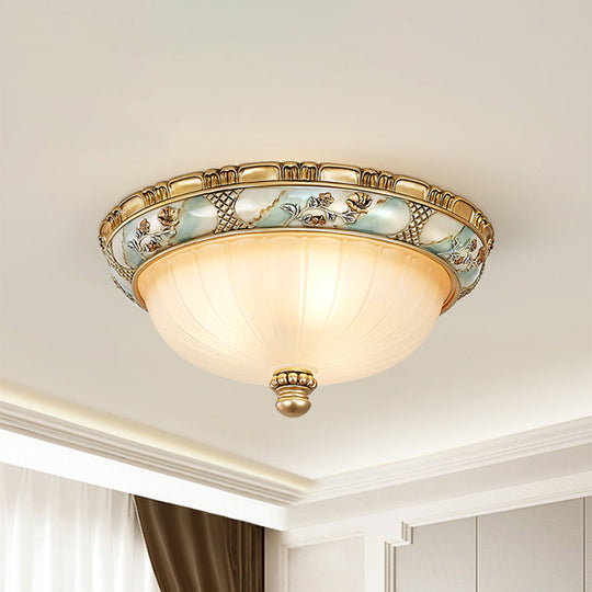 Amber Glass Flush Mount Ceiling Lamp - Traditional Dome Shade 3 Heads 15’/19’ Width Gold Finish