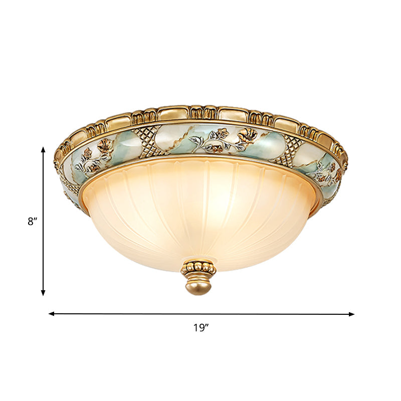 Amber Glass Flush Mount Ceiling Lamp - Traditional Dome Shade 3 Heads 15’/19’ Width Gold Finish