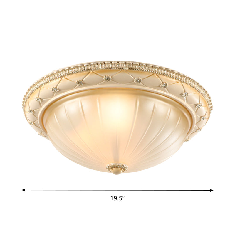 Traditional Ribbed Glass Flush Ceiling Light With Beige Bowl Shape - 2/3 Lights