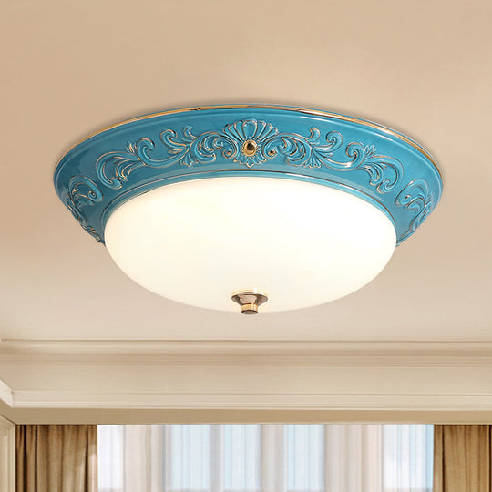 Antiqued White Glass Led Flush Mount Light For Bedroom Oblong Shape With Yellow/Blue/Light Blue